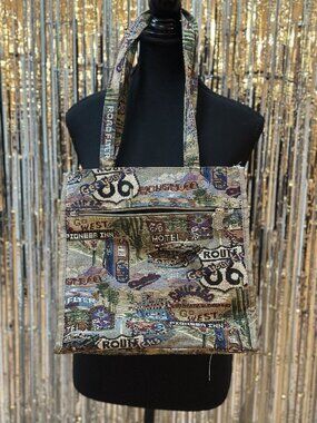 VINTAGE Route 66 Tapestry Tote Bag Womens Travel Carry-On Canvas